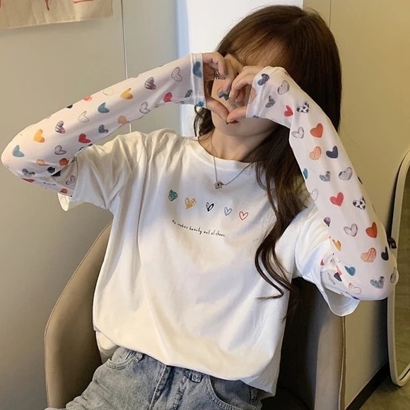 Shirt tshirt heart white top women’s cute long sl - Picture 6 of 8